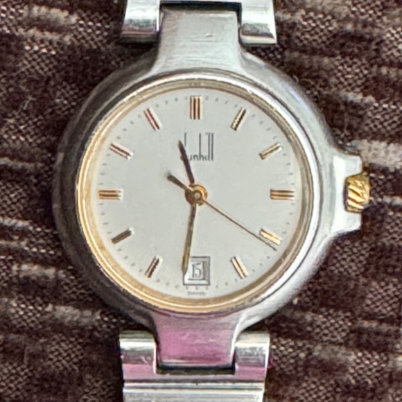 DUNHILL SWISS SILVER & GOLD TONE DATE SECOND HAND QUARTZ WATER RESISTANT WATCH - Picture 7 of 14